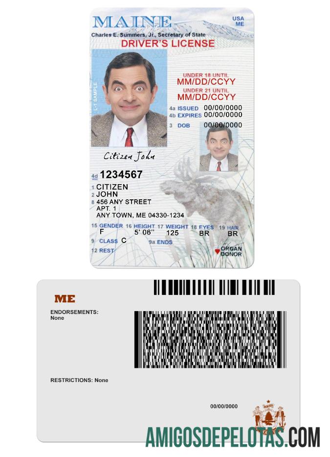 Carta de condução do Maine nos EUA com menos de 21 anos modelo